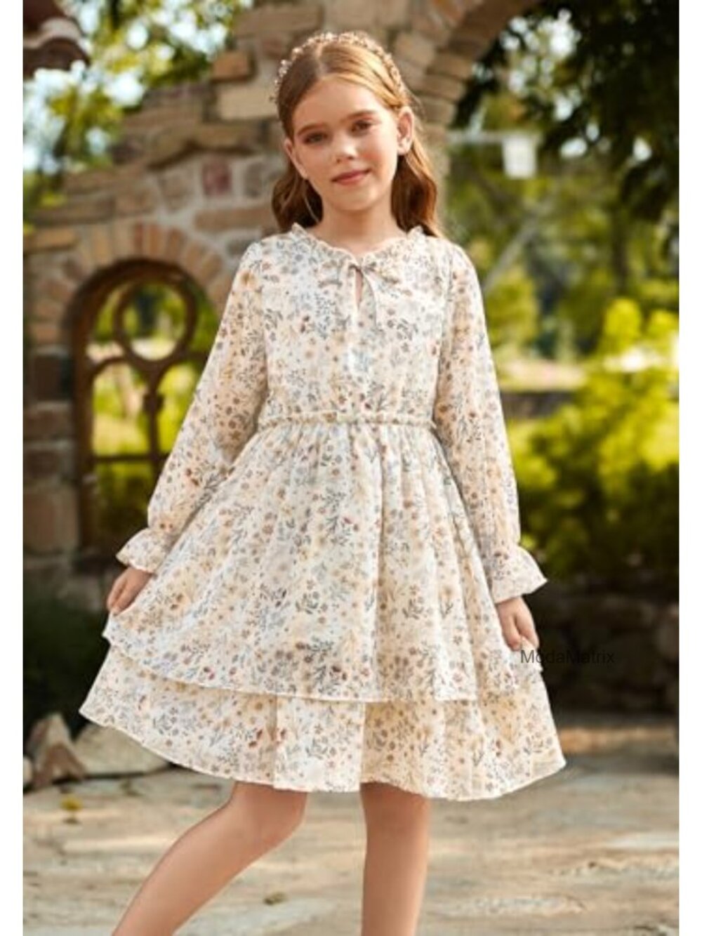 Girls Floral A-Line Midi Dress Long Sleeve Smocked Waist Formal Party - Picture 2 of 6